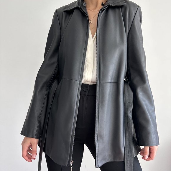Vintage 100% genuine leather longline belted jacket w fur hood - Picture 5 of 8